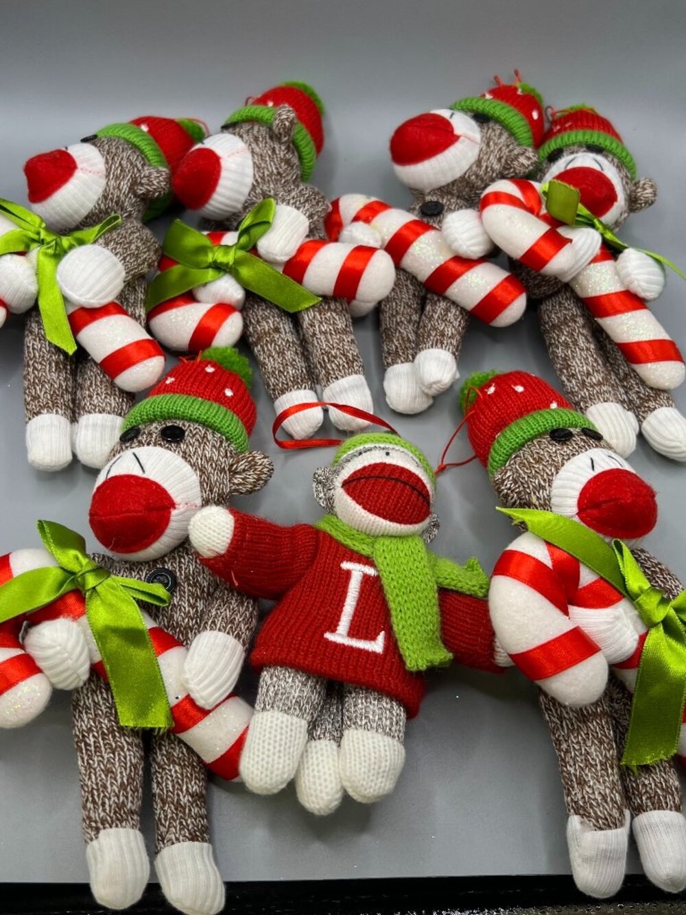 Sock Monkey Ornament Lot of 7 Pier One Candy Cane Sweater Plush Christmas